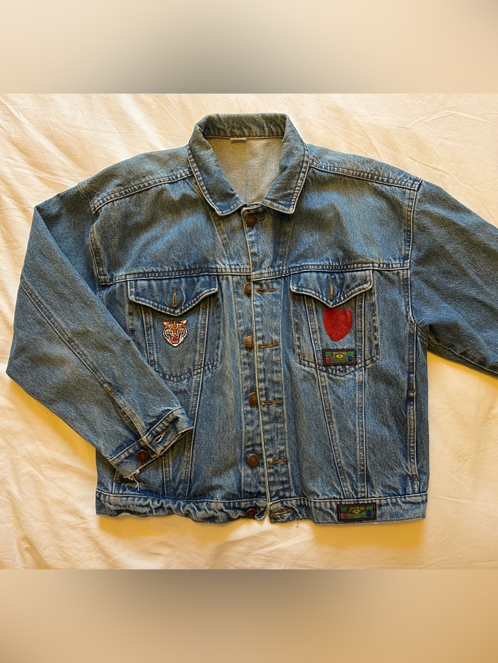 Vintage Denim Jacket with Embroidered Patches
